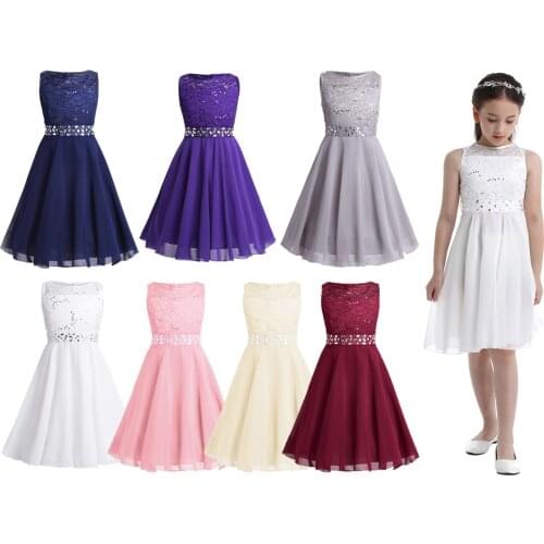 Girls Sequined Lace Chiffon Sleeveless Flower Girl Dress Princess Pageant Wedding Vestidos Bridesmaid Birthday Party Prom Dress
