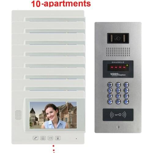 ZHUDELE Top Quality Building Multi-apartment Video Door Phone 7" TFT Monitor Video Intercom System for 10 Homes ID Card&Password