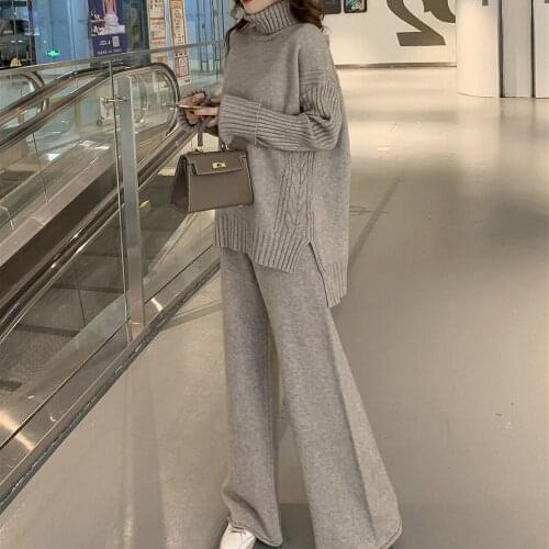 Hot selling New 2021 Turtleneck Knitted sweater Pullovers wide legs pants spring fall Warm suit 2 pieces outfits