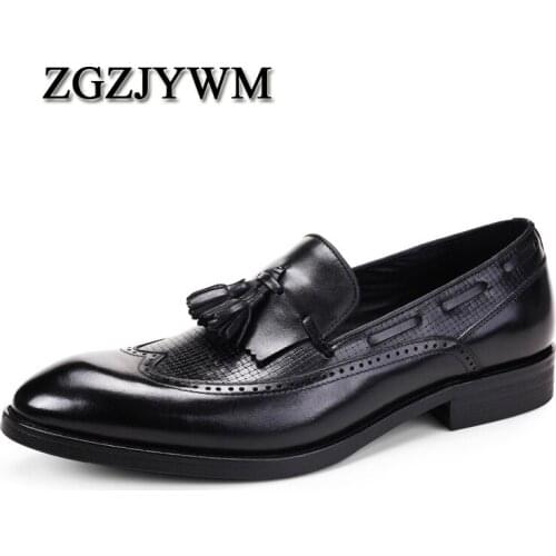 ZGZJYWM Breathable Black/Red Dress Genuine Leather Carved Style Pointed Toe Slip-On Wedding Business Wedding Shoes With Tassel