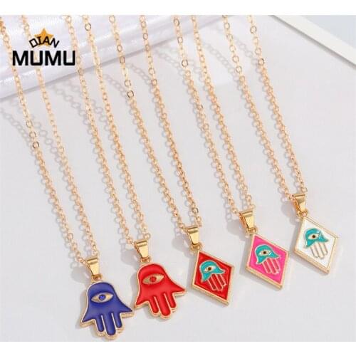 Vintage Blue Evil Eye Pendant Necklace Chain Choker Ethnic Rhinestone Fatima Hamsa Hand Necklace For Women Jewelry