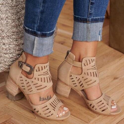 Womens Sandals 2020 New Hollow Carved Buckle Belt Gladiator Shoes Square High Heels Sandals Casual Shoes Women Zapatos De Mujer