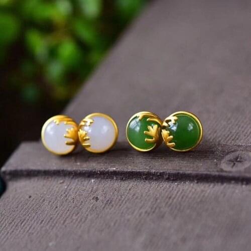 Natural Hetian White Jade Jasper Silver Accessories Inlaid S925 Sterling Silver Ancient Style Thick Gold Womens Stud Earrings E