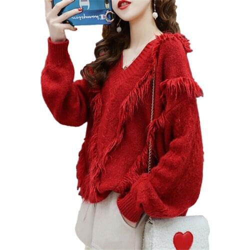 Korean Red Tassel Knitted Sweater Women Fashion 4 Color V-Neck Long Sleeve Knit Pullover Tops Female Loose Student Jumper Ladies