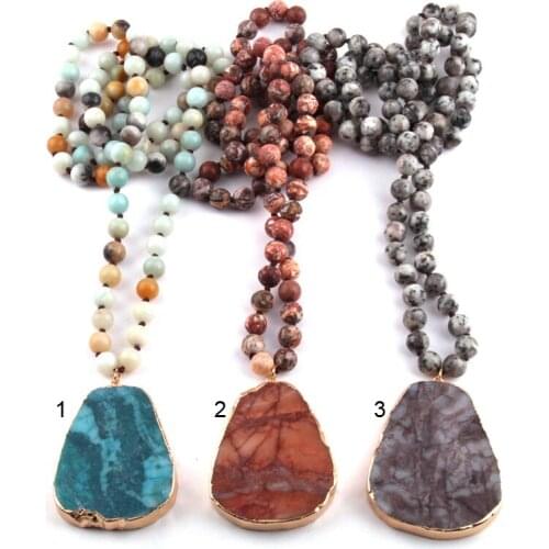 Fashion 8mm Natural Map Stone Knotted with Irregular Stone Pendant Handmade Necklace Women Jewelry