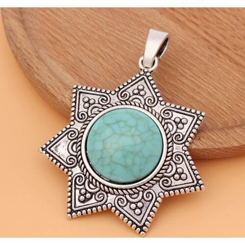 5pcs Tibetan Silver Large Seven Pointed Star Medal & Faux Turquoise Stone Charms Pendant for Necklace Jewelry Making Accessories