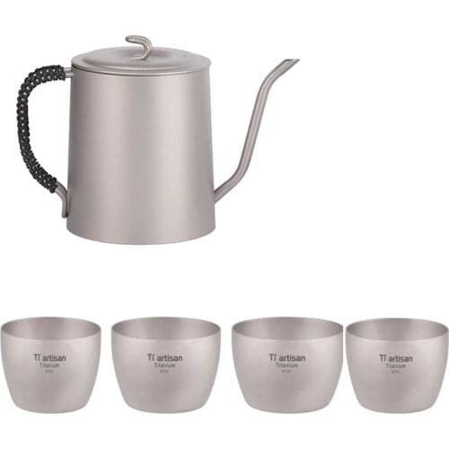 950Ml Titanium Long Narrow Spout Coffee Pot Kettle Hand Drip Kettle Pour Over Tea Pot Set With Titanium Lid+ 4pcs Water Cup Mugs