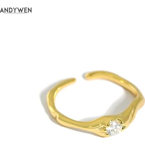 Andywen 925 Sterling Silver Gold One Zircon Irregular Geometric Resizable Rings Women Fashion Fine Jewelry Luxury Jewels