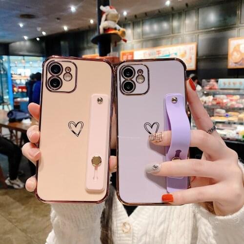 For iPhone 12 Pro Max Case Plating Frame Love Heart Phone Case For iPhone 11 Pro Max XS Max X XR 8 7 Plus Soft Wrist Band Cover
