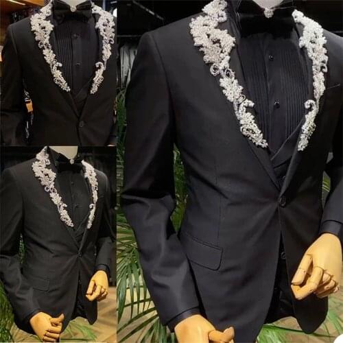 Black Groom Wear Men Suits Formal Crystals Pearls Beaded Lapel Jackets With Vest 2 Pieces Wedding Tuxedso Prom Party Dress 2022