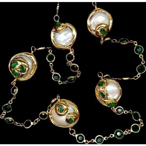 Y·YING Cultured White Coin Pearl Green Crystal Chain Long Necklace 32"