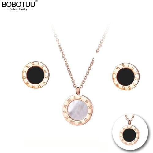 BOBOTUU Roman Numerals Black White Shell Chains Necklaces Bracelet Earrings Jewelry Sets Titanium Steel For Women BSE010