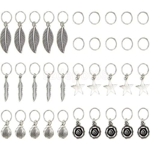 35pcs Hip Hop Hair Braid Rings Hair Loops Clips 6Styles Bulk DIY Hair Accessories - Star Leaf Shell Loop Feather Flower