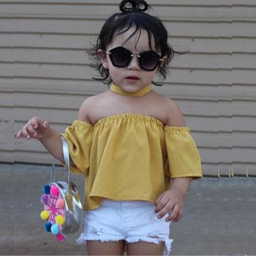 New Children Girls Clothing Sets T Shirt+White Denim shorts choker 3pcs set Kids Girl Summer Clothes suit