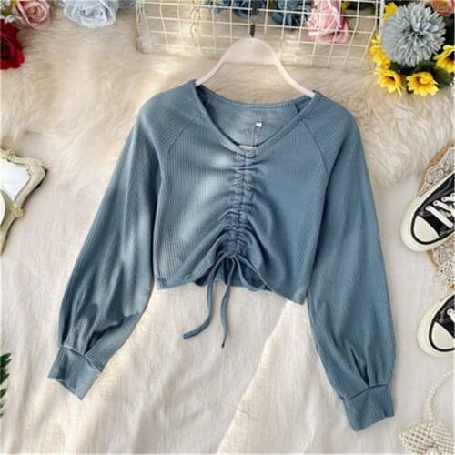 Korean Fashion V Neck Lantern Long Sleeve Drawstring Bottom T Shirt Multicolor Hollow Out Sexy Tees Slim Pleat 2020 Top