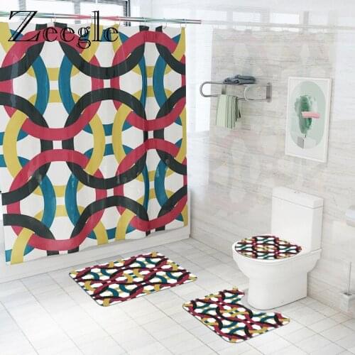 Geometric Printed Bath Mat and Polyester Waterproof Shower Curtain Set Absorbent Toilet Seat Cushion and Non-Slip Floor Rugs Set