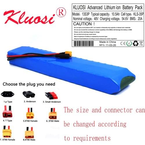 KLUOSI 48V 10.5Ah 10Ah 250W 450W 750W 13S3P 11Ah 54.6V Li-ion Rechargeable Battery Pack Built-in 20A BMS for Scooter Ebike Motor