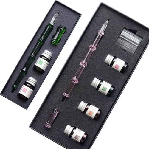 Bamboo rhyme handmade glass pen set color ink dip pen gift box student with vibrating glass water fountain pen