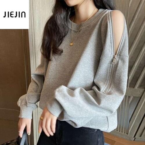 Solid Color Off-shoulder Pullovers Gray Basic Hoodies for Women Zip Decorate Korea Fashion Loose Sweatshirts Black Streetwear
