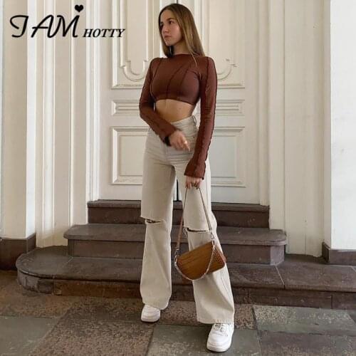 Solid Ripped Hole Wide Leg Jeans Women Classic All-match Baggy Mom Denim Pants Casual High Waist Cargo Pants Streetwear Iamhotty