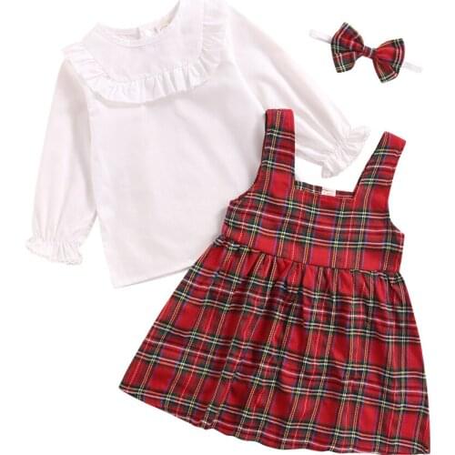 Autumn Winter Kid Girls Plaid Suspender Dress Set Round Collar Long Sleeve Shirt Bowknot Hairband Plaid Skirt Outfits 1-6 Years