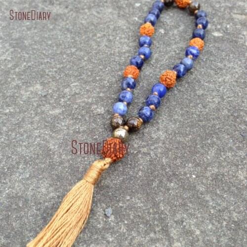 Hand knotted Sodalite Bronzite & Rudraksha 27 Bead Pocket Quarter Mala Stone Prayer Beaded Bracelet With Tassel BM10971