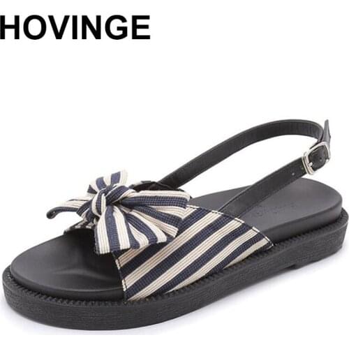 HOVINGE Sling-Back Sandals Woman 2020 Teenage Girls Bow Sandals Ladies Holiday Beach Shoes Big Size 41-43 Striped Women Summer