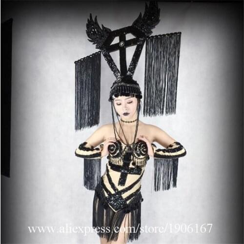 Sexy Lady Tassels Halloween DS Black Nightclub Costume With Headwear Catwalk TV Show Masquerade Cosplay Performance C