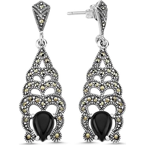 KUTAYDAN Marcasite & Natural Stone Earrings 925 Sterling Silver