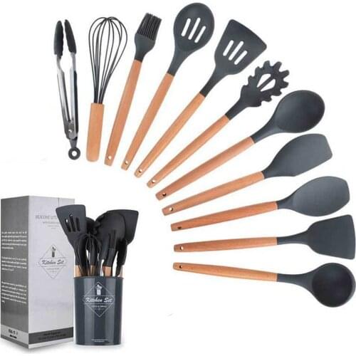 Silicone Kitchen Cooking Utensils Non-stick Heat Resistant Kitchenware Spatula Shovel Wooden Handle Cooking Tools Baking Tools