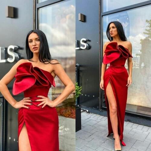 Unique Designer Red Satin Evening Dresses Ruffles Strapless Neck Mermaid Prom Gowns Custom Made Formal vestidos de novia