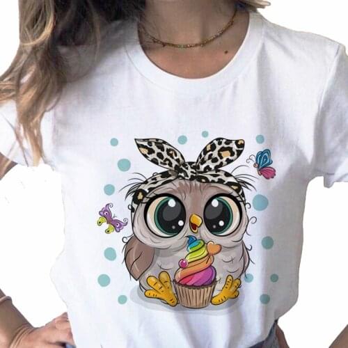 Summer 2021 New Tops Trend Cute Owl print ladies T-shirt casual basics O-collar white shirt short sleeve ladies Tshirt,Drop Ship