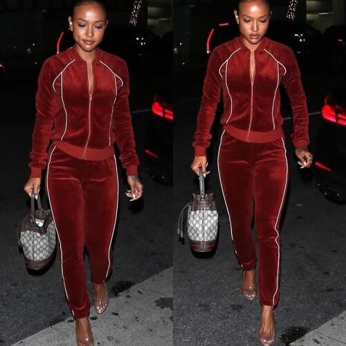 White Striped Velvet Tracksuit for Women Zipper Front Full Sleeve Jackets and Jogger Sweatpant Casual Loungewear Two Piece Set