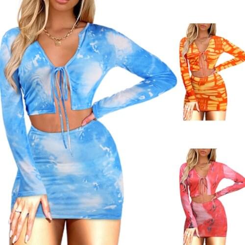 Women Two-piece Clothes Set, Tie-dyed Printed Pattern Long Sleeve Crop Tops and High Waist Skirt Club Wear