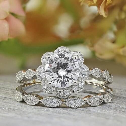 QTT Retro Female Rings Flower Design CZ Stunning Silver 925 Finger Ring For Girl Wedding Jewelry Bridal Ring Sets