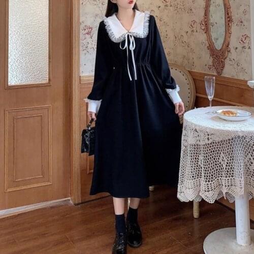 HOUZHOU Vintage Dress Women Black Sweet Lace Peter Pan Collar French Elegant Long Sleeve Dress 2021 Preppy Style Spring Autumn