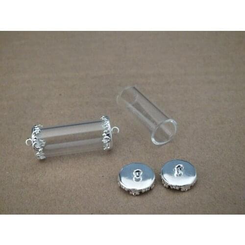 28x12mmSmall Tube shap glass vial Two identical silver plated crown cap wishing bottle Diy glass necklace pendant wish vial