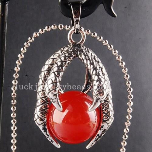 Free Shipping Women Fashion Jewelry Beautiful Red Carnelian Dragon Claw Ball Round Pendant Bead with Chain C3848