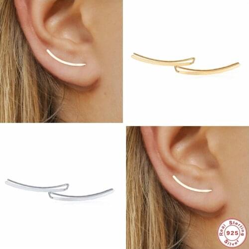 BOAKO 925 Sterling Silver Smooth Long Line Ear Climber Stud Earrings For Women Minimalist Ear Crawlers Studs Piercing Jewelry