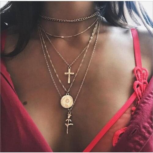 Fashion Necklace Five layer metal chain choker Christ cross flower coin shape slide pendant gold color plated