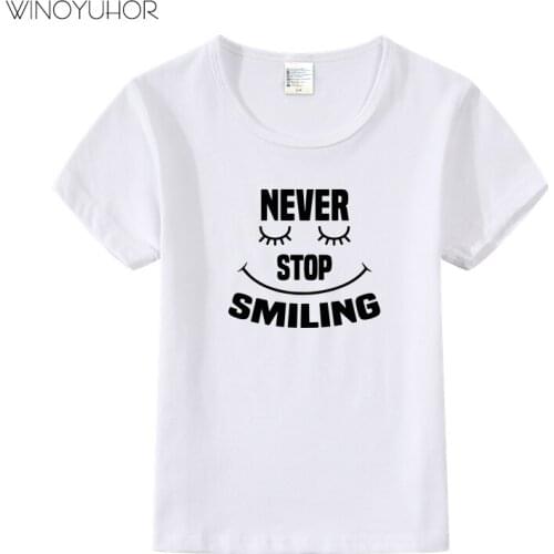 Never Stop Smiling Letter Print T-Shirt Girls Short Sleeve Tee Tops 2020 New Summer Funny Cotton T-Shirts Baby Boys Clothing