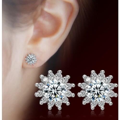 Lovely Round Sunflower Stud Earrings for Women Silver 925 Jewelry Fashion CZ Zircon Earring Wedding Brides Accessories