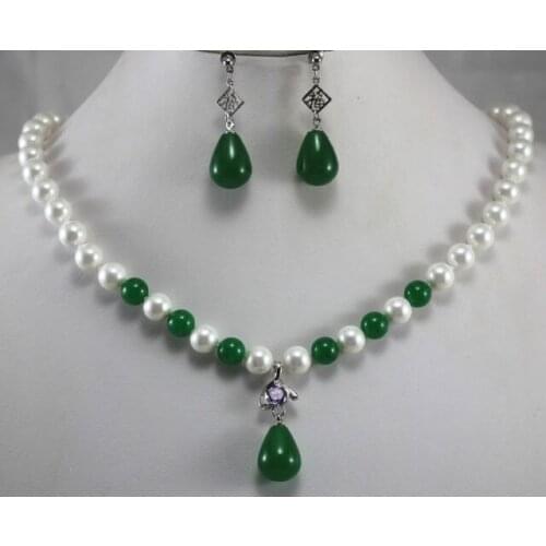 Fashion 8mm White&Dark Green Pearl/Jade Necklace Earring Pendant Jewelry Set