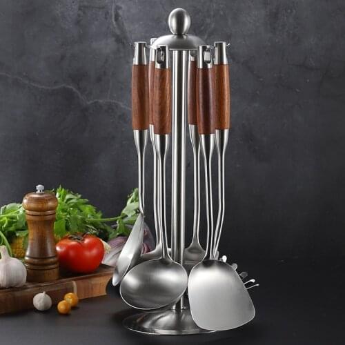 7PCs Wooden Handle Kitchen Cooking Utensils Set,304 Stainless Steel+Rosewood Handle Wok Spatula With Utensils Holder