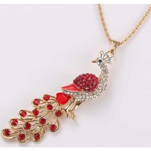 Charm Peacock Necklace Multicolor Red Crystal Rhinestone Long Chain Necklace Pendant Ms. Gift Jewelry