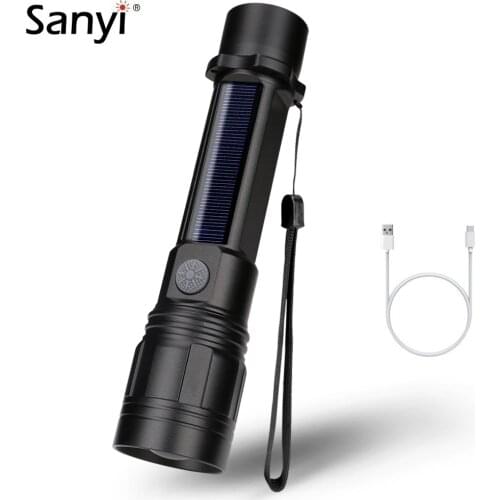 USB/Solar Rechargable LED Tactical Flashlight 3 Modes Zoomable Torch Solar Flashlights Portable Lantern With Outdoor Compass