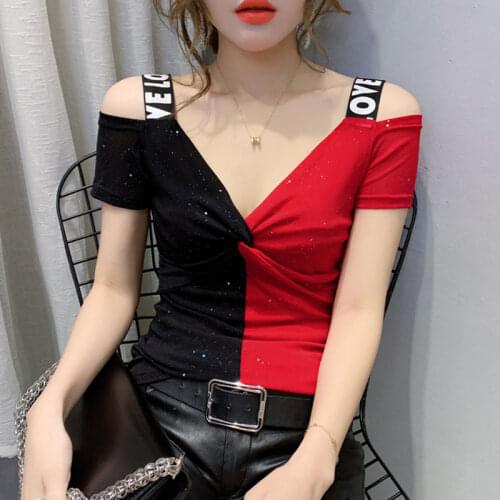 Latin Top Women Sexy V-neck Strapless Short-sleeved Womens Summer 2021 New Slim Slimming Suspender Stitching T-shirt Costume