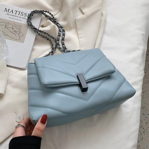 V-line Designer PU Leather Crossbody Bags for Women 2021 Summer Fashion Trends Chain Small Purses and Handbags Blue Yellow