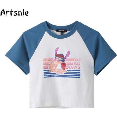 Artsnie Summer 2021 Patchwork Cartoon Print T Shirt Women O Neck Short Sleeve Disney Crop Tops Female Cropped Feminina T-shirts