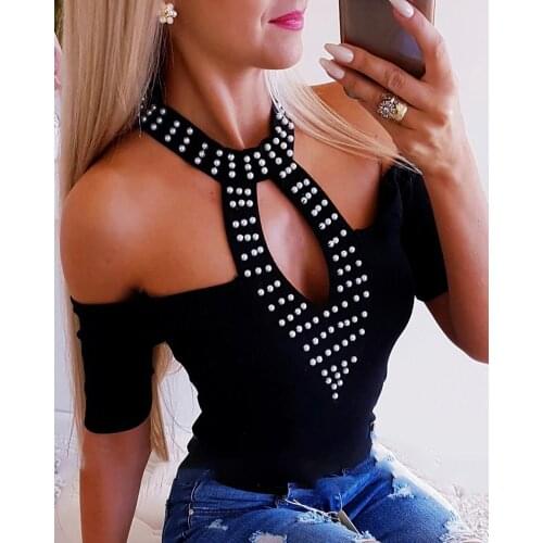 Summer Cold Shoulder Beaded Detail Top Women Elegant Black Short Sleeve Patchwork Casual Basic Top Female Shirt High Quality